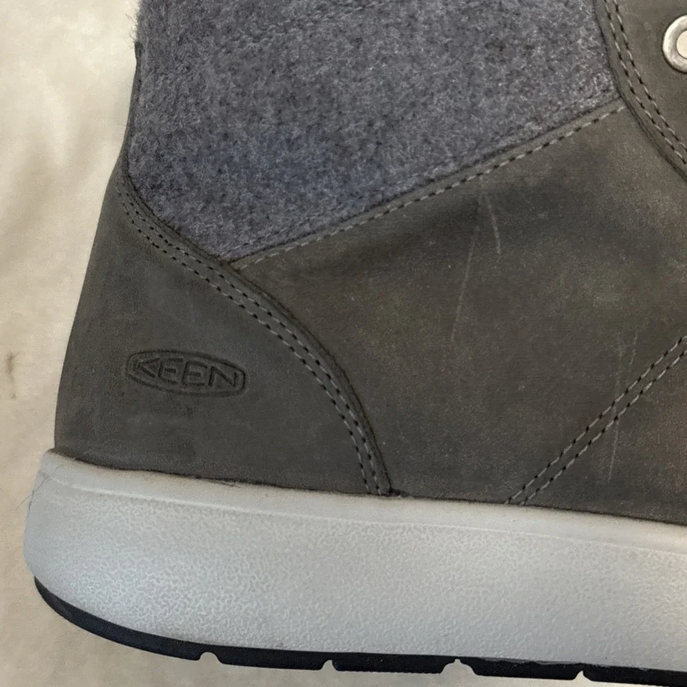 Keen brand Elena Mid boots Grey Leather Plaid Textile Rubber Toe Cap Sz9